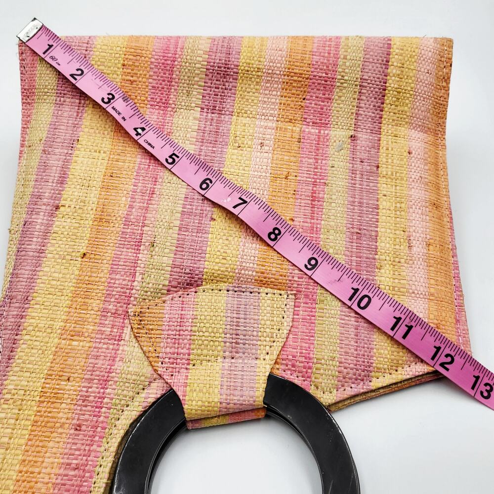 Geometric Rainbow Structured Striped Handbag Tote Bag with Wooden Handles - Picture 11 of 12